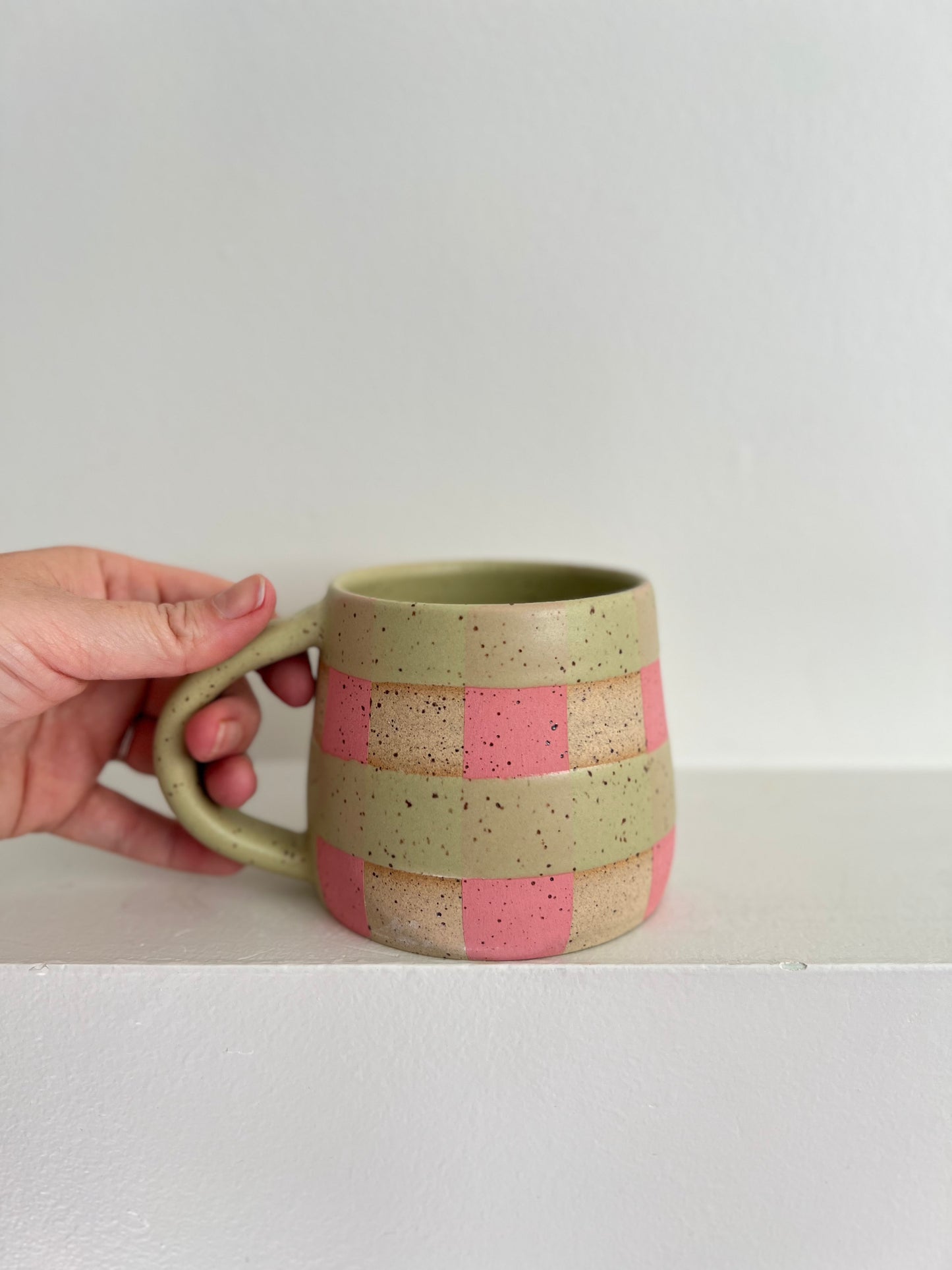 - MUG | SHORT 14oz | GINGHAM | PINK + GREEN