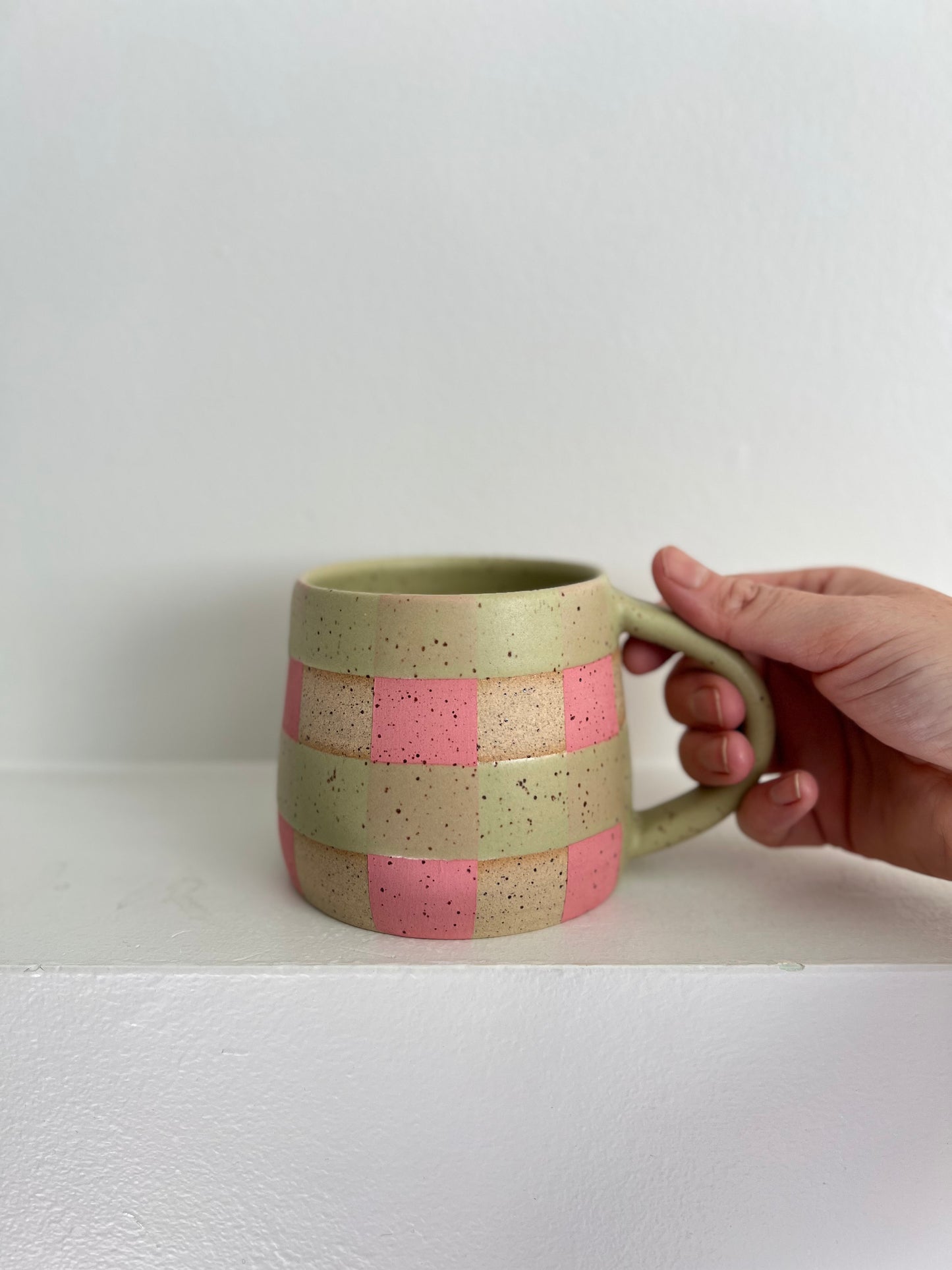 - MUG | SHORT 14oz | GINGHAM | PINK + GREEN