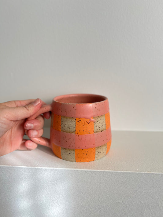 - MUG | SHORT 14oz | GINGHAM | PINK + ORANGE