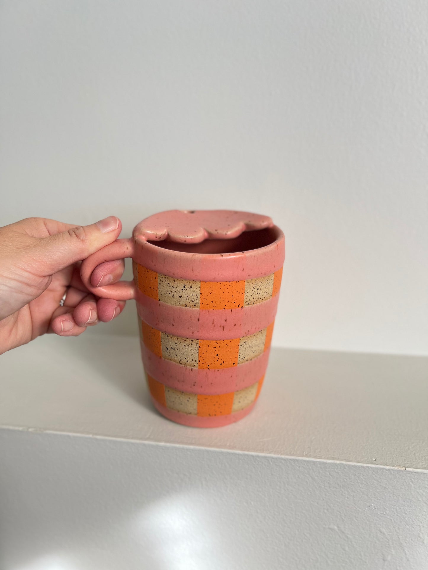 - TO-GO MUG | GINGHAM | PINK + ORANGE | HANDLE