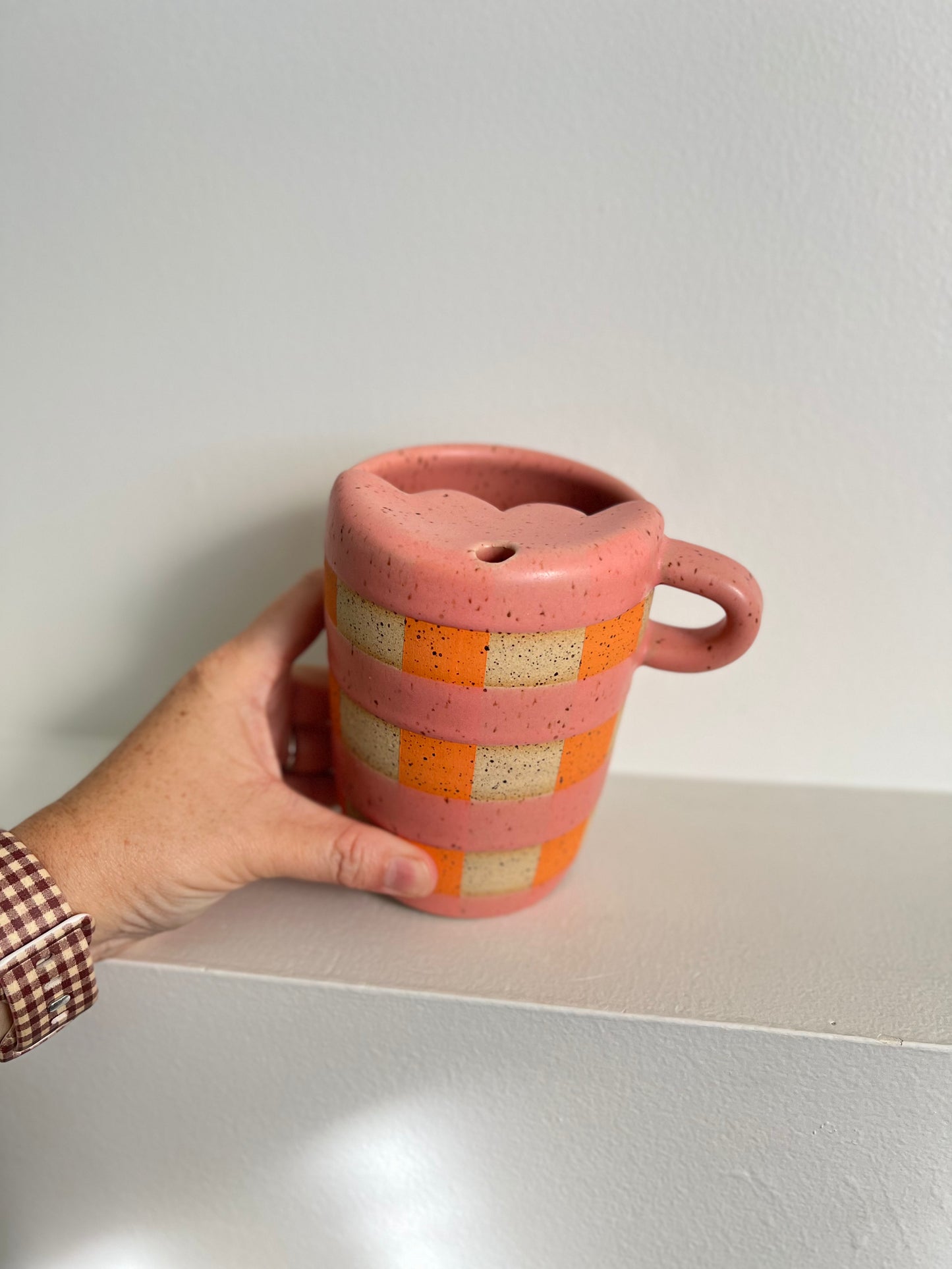 - TO-GO MUG | GINGHAM | PINK + ORANGE | HANDLE