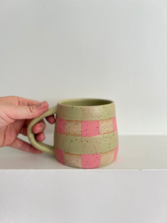 - MUG | SHORT 14oz | GINGHAM | PINK + GREEN